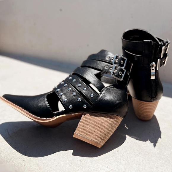 NEW Black Studded Cutout Buckle Strap Pointy
Toe Block Heel Ankle Booties Vegan - Picture 7 of 15